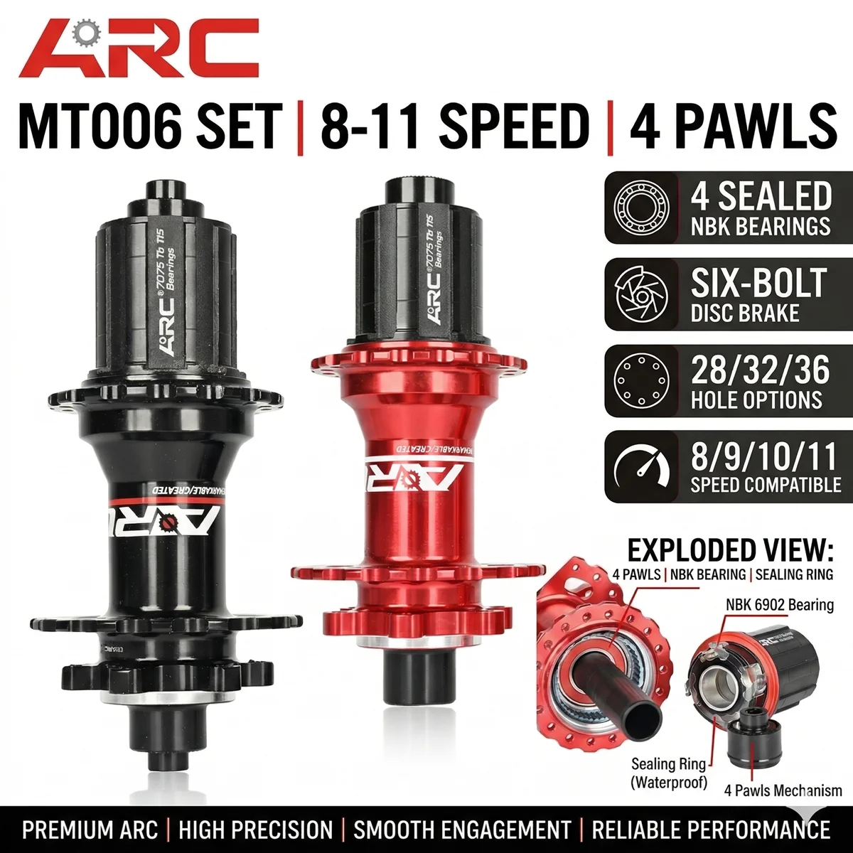 

ARC MT006 MTB Bike Hub 4 Sealed NBK Bearings 28/32/36H 6-Bolt Disc Brake F R Hub Set 8/9/10/11 Speed 4 Pawls High Performance