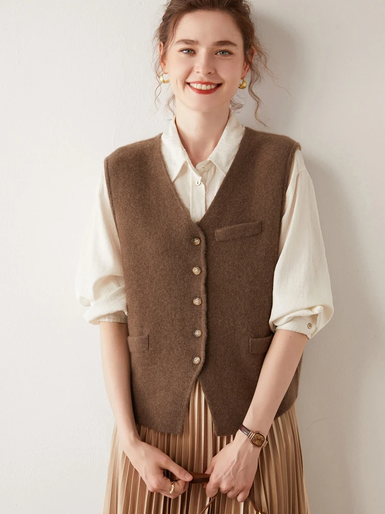 100% Pure Cashmere Knitted Cardigan Vest Autumn Winter Women V-neck Single Breasted Solid Elegant Neat Sleeveless Waistcoat
