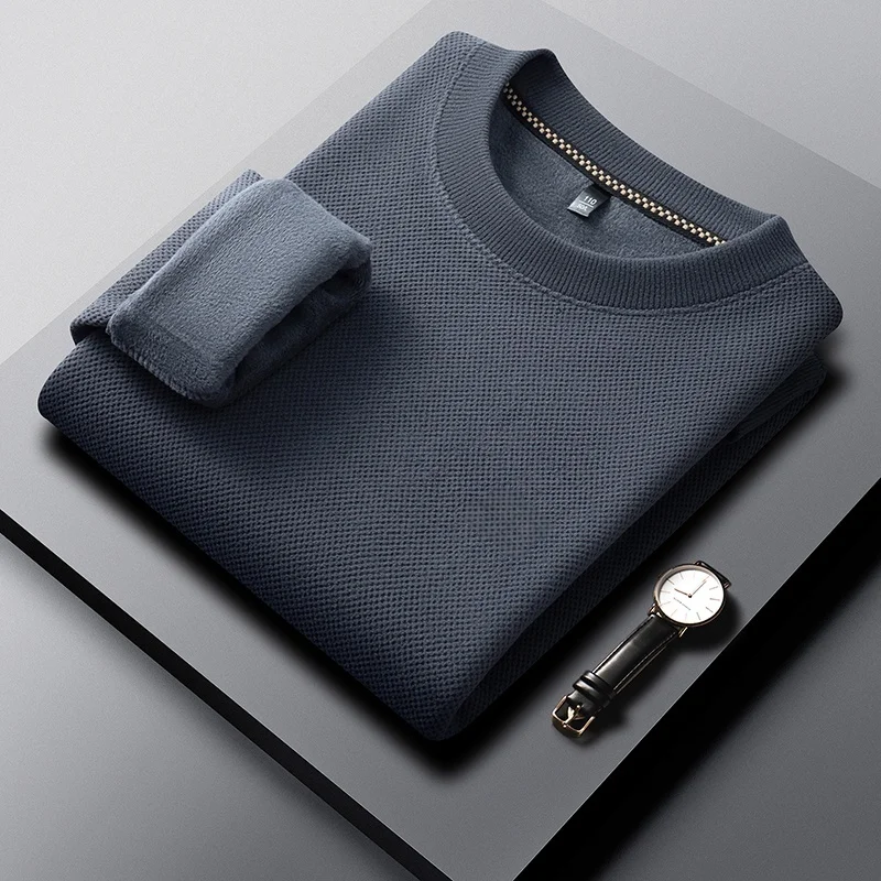 Herren-Pullover mit Rundhalsausschnitt, langen Ärmeln, Waffelstruktur, Fleece-Futter, warm, für den Winter, lässig, dick, für den täglichen Gebrauch, Oberteil – Detail 4