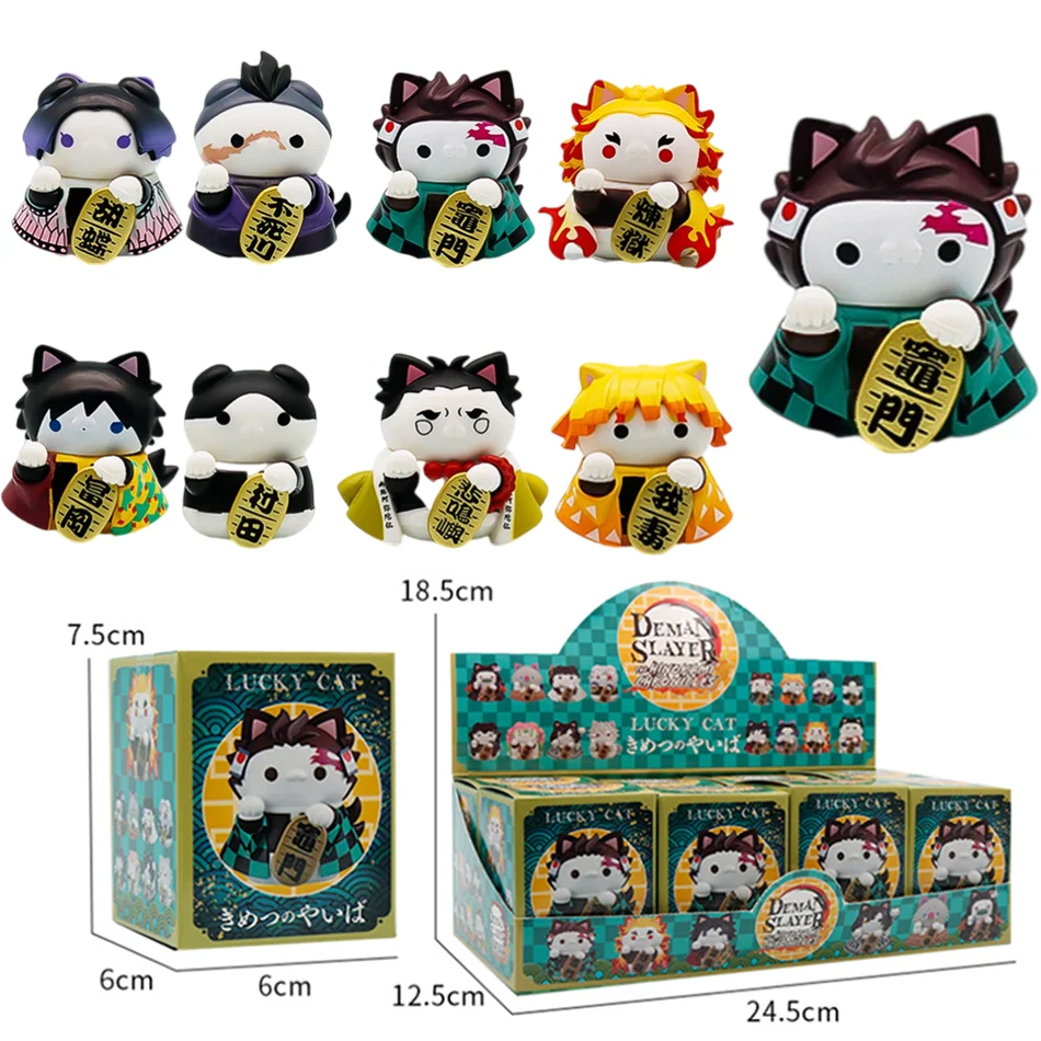 Demon Slayer Lucky Cat Blind box 1-8pcs Figures Set Tanjiro Nezuko Q Version PVC Anime Figurines Collectible Model