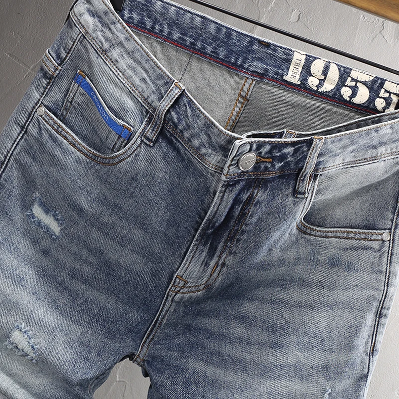 Summer Trendy Fashion Men Jeans Retro Washed Blue Elastic Ripped Short Jeans Homme Vintage Designer Casual Denim Shorts Men
