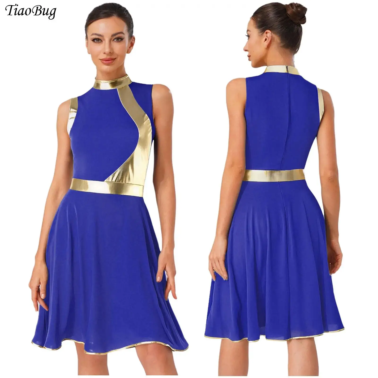 

Women Lyrical Praise Dance Dress Metallic Patchwork Sleeveless A-line Dress Liturgical Tunic Church Worship Choir Performances