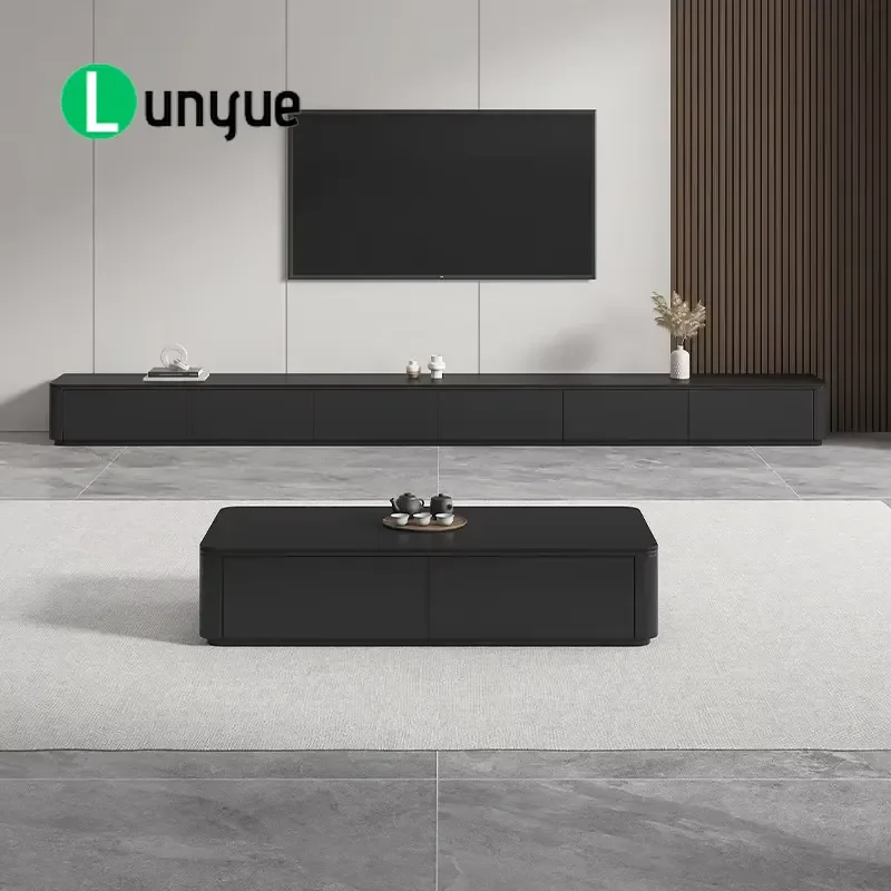 Modern Black Sintered Stone and Solid Wood TV Cabinet Coffee Table Combo Minimalist Living Room Furniture for Small