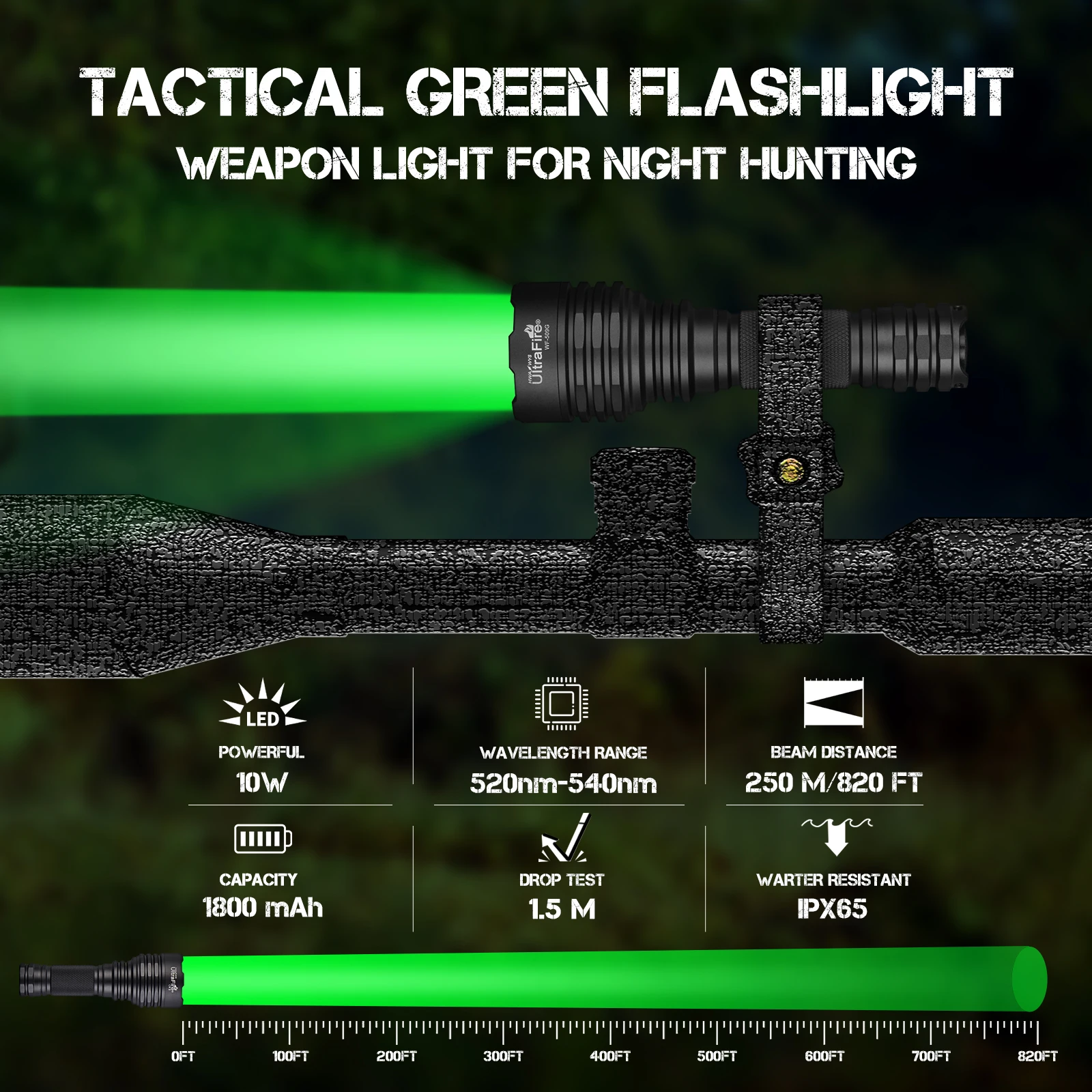 Lampe de poche de chasse verte UltraFire WF-509G 10 W 500 mètres longue portée torche LED tactique 18650 projecteur de vision nocturne rechargeable Fox Hog Predator Light