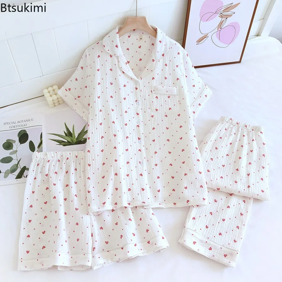 新しい春と夏の女性のパジャマ 3 点セット半袖 + ショートパンツ + ズボン綿 100% ガーゼラブプリントホームウェアセット