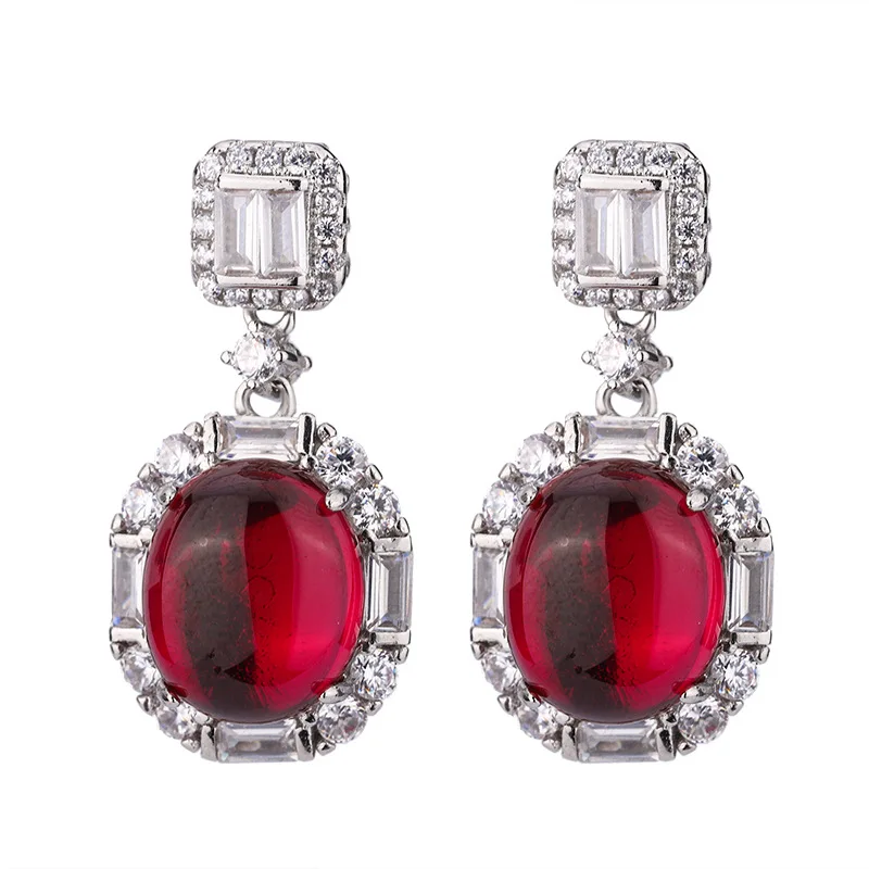 Jewelry Gold-Plated Ice Fluorescent Red Corundum Blue Spinel Green Chalcedony Stud Earrings 10*12