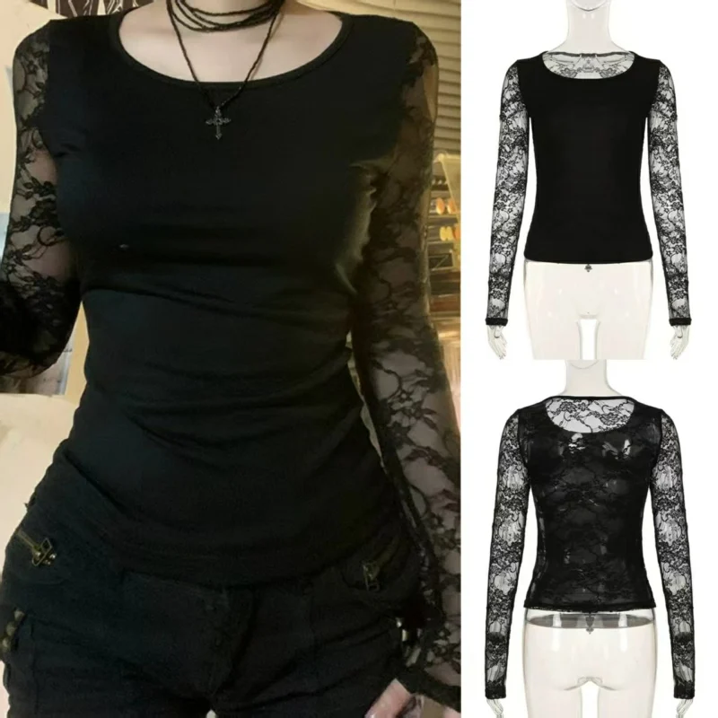 Black Sexy Hollow Mesh T Shirt Woman O Neck Long Sleeve T Shirts Women Slim Short Top Autumn Streetwear High Street Wear