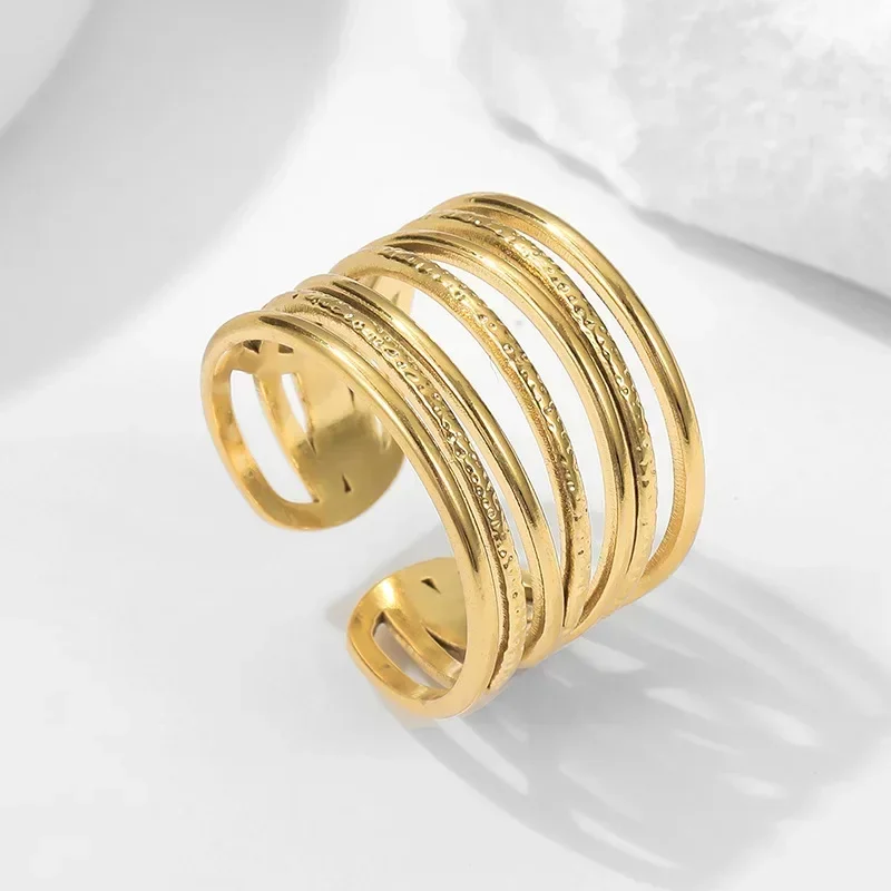 Temperament Multilayer Line Hollow Opening Wide Rings for Women Men High Quality Stainless Steel Party Finger Jewelry Colorfast