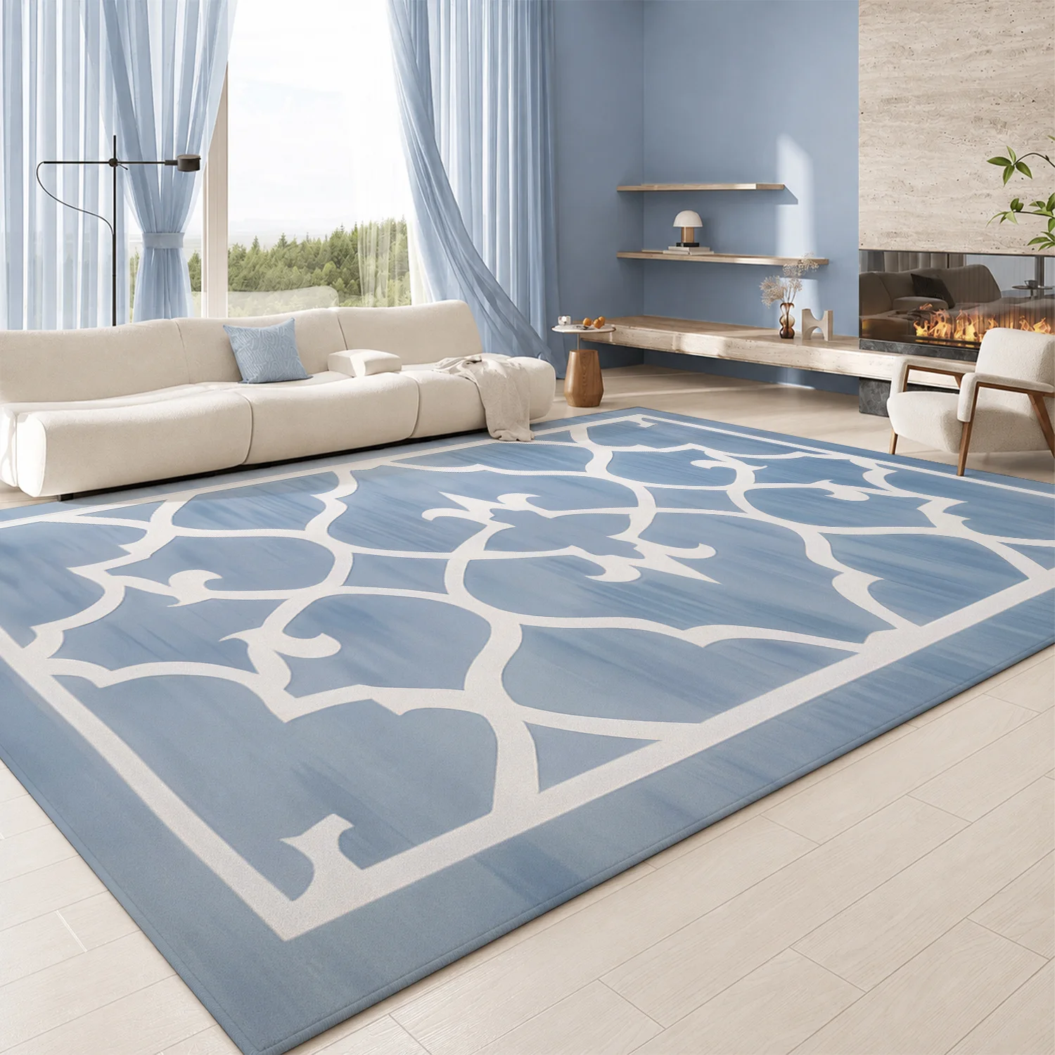 Large Indoor Area Rug: Soft Velvet Low Pile Non-Slip Dotted Backing Machine Washable, Light Blue Moroccan Trellis Pattern Rug for Living Room, Bedroom, Entryway Home Decor