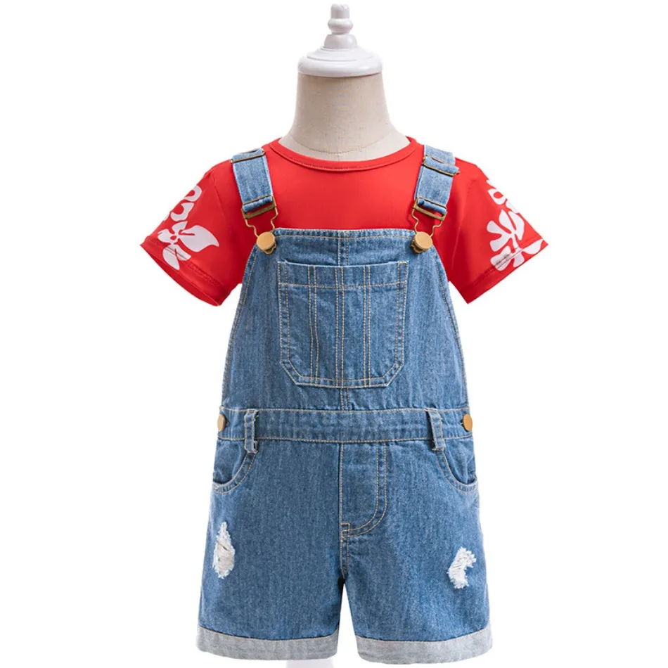 

Детский костюм Лило Хэллоуи, карнавальный костюм для девочек, джинсовый комбинезон Лило + рубашка с принтом красного листа, комплекты из 2 предметов, карнавальный костюм для девочек TAN06