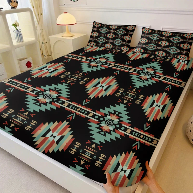 Western Navajo Tribal Geometric Fitted Sheet Set Soft Southwest Boho Cowboy Aesthetic Bedroom Bedding Twin Full Queen King