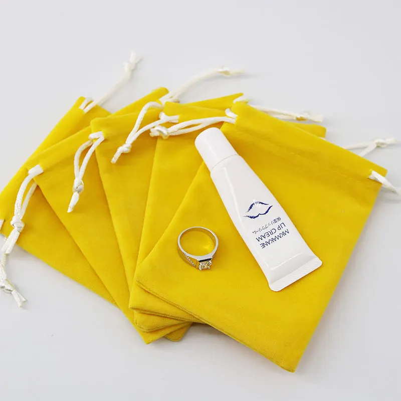 5pcs/lot Fanshionable Jewelry Packaging Bag Bright Yellow Velvet Drawstring Pouch Reusable Item Storage Pouch Custom Logo