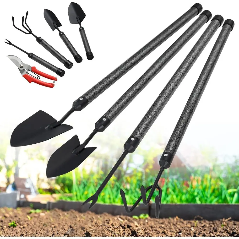 

Long-Handled 5-Piece Stainless Steel Garden Tool Set for Adults and Kids: Trowels, Rake, Weeder, Pruning Shears