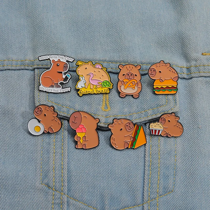 Cartoon Capybara Animal Metal Brooch Egg Sandwich Burger Ice Cream Popcorn Cute Capybara Badge Punk Pins Jewelry Gift For Kids