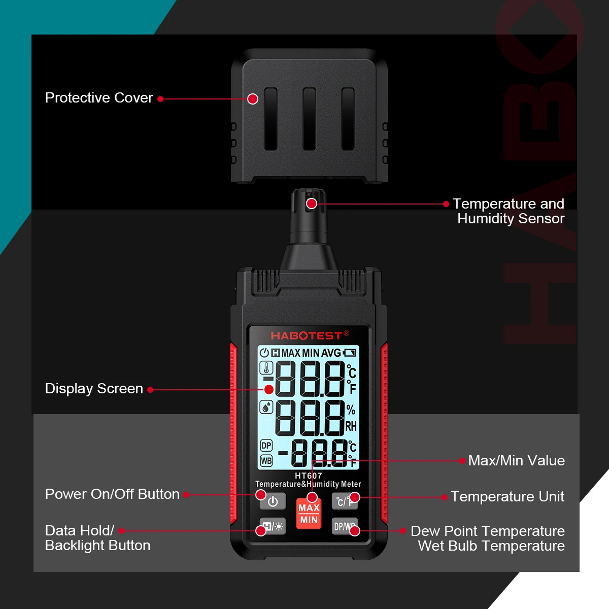 HABOTEST HT607 Digital Temperature Humidity Meter Professional Laboratory Thermo-Hygrometer Farm Plastic Shed Moisture Meter