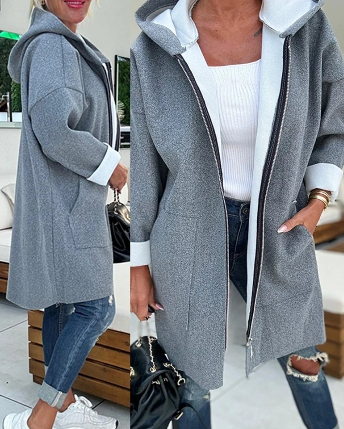 2024 Autumn Winter Women's Casual Jacket Latest Hooded Pocket Design Zip Up Lined Longline Coat Cardigan Long Sleeve Open Front