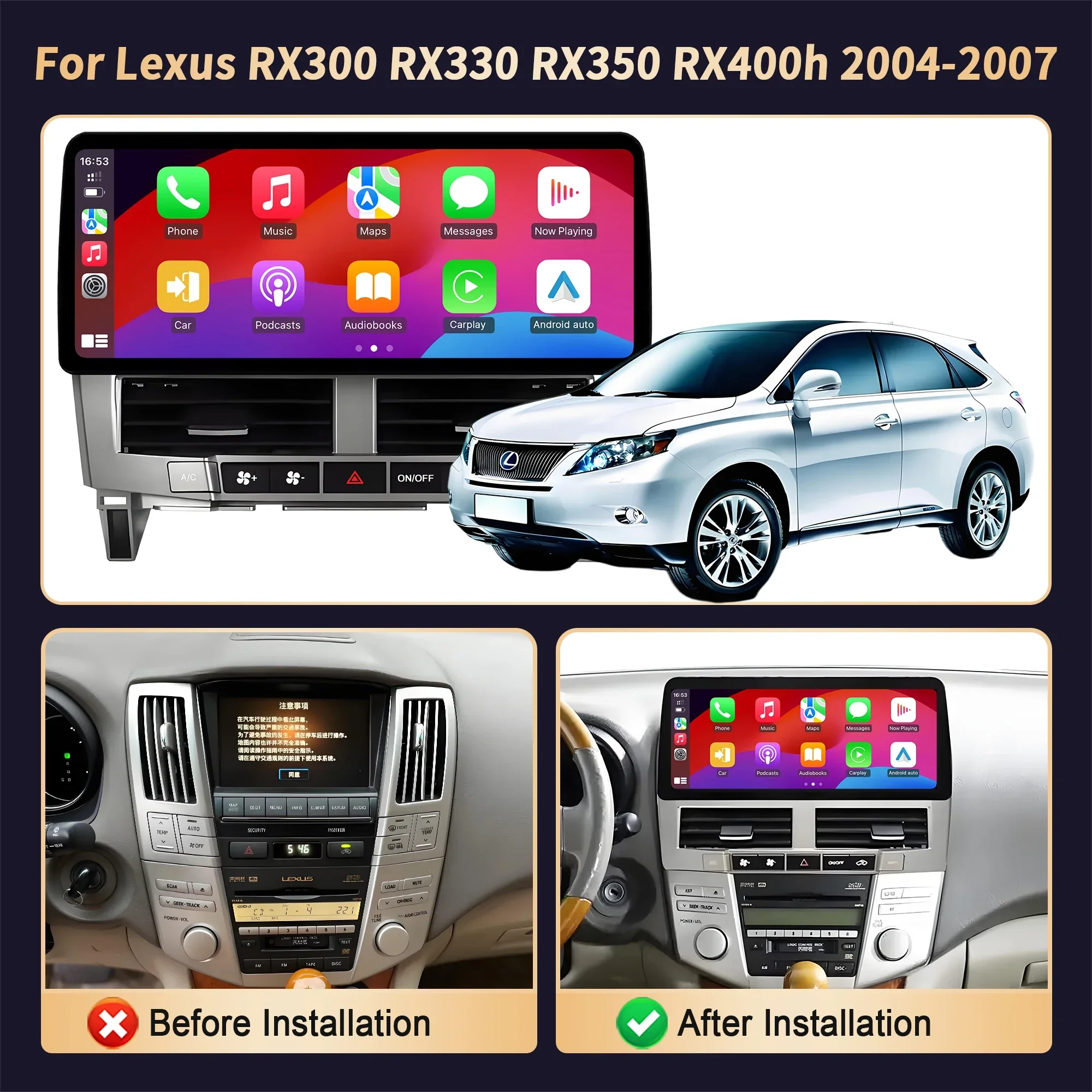 12.3 inch For Lexus RX300 RX330 RX350 RX400h 2004-2007 Car Radio Android 15 BT Carplay Multimedia Navigation Head Unit Screen
