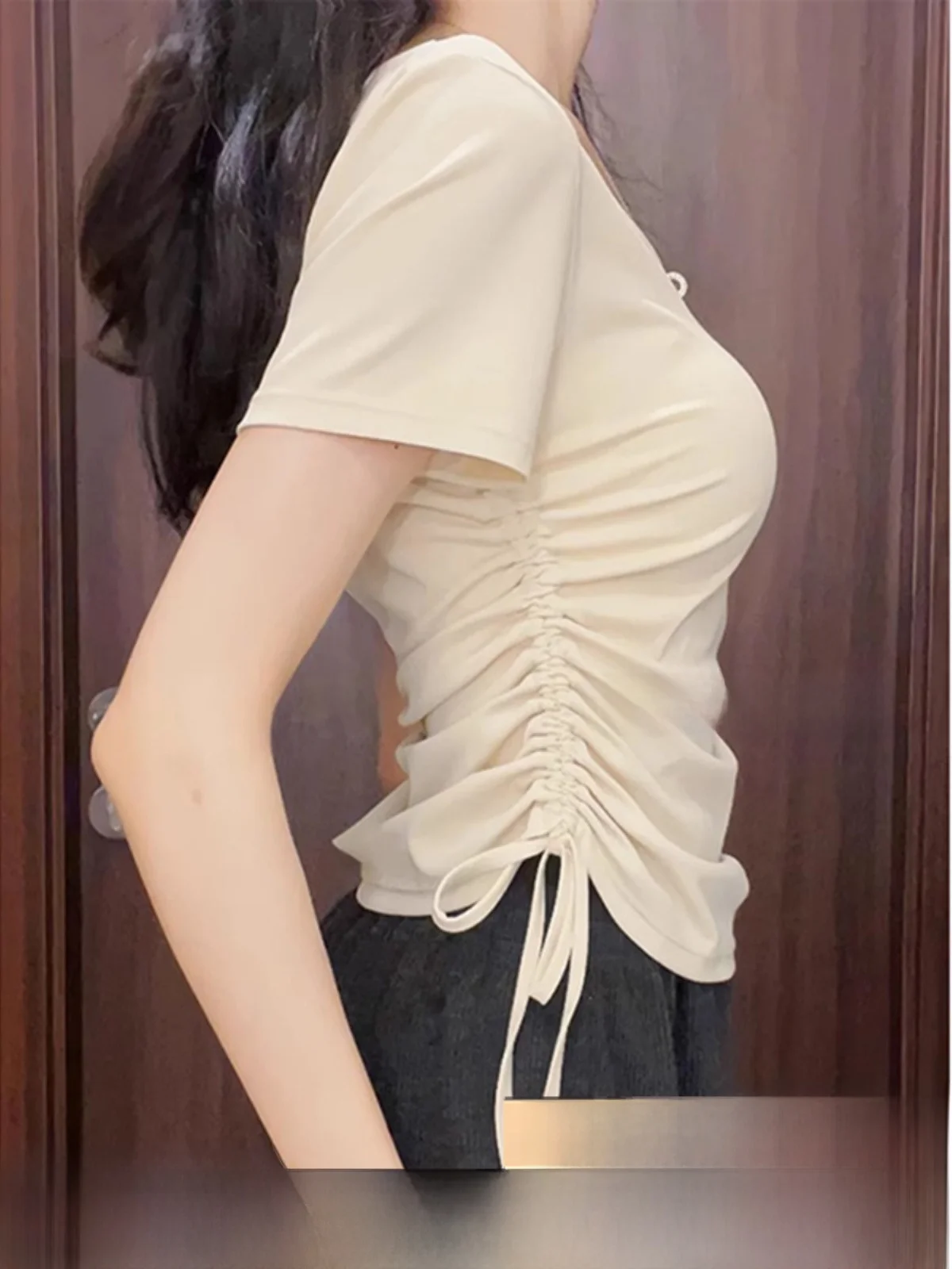 Slim Fit Short Sleeve T-Shirt Women's Summer New Style Irregular Shoulder Design Korean Version Commute Style V-neck Short Le...