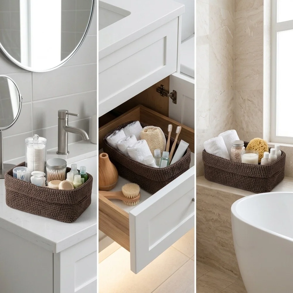 Brown Woven Storage Basket Rectangular Shape for Bathroom Vanity Living Room Bedroom 29x15x18.5cm Ice Silk Thread Material