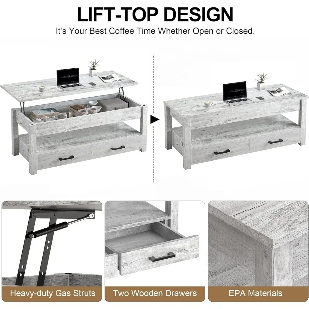 Mesa de centro elevatória de 47,2 ", mesa de centro com gavetas de armazenamento, compartimento oculto, mesa central elevatória para sala de estar