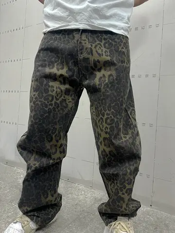 Jean léopard droit et ample pour hommes, mode Hip Hop Streetwear Cool moto Denim pantalon décontracté jambe large Y2K