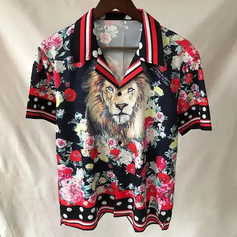 

European Lion Flower Print New Shirt Street Wear Hip Hop Fashion Aloha Tropical Top Hawaiian Beach Shirt Flower Masculinity