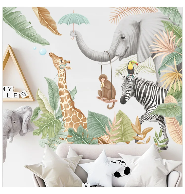 Papel tapiz 3d personalizado de jungla para guardería, mural de pared para habitación infantil, pegatina de papel tapiz 3d de animales, art deco