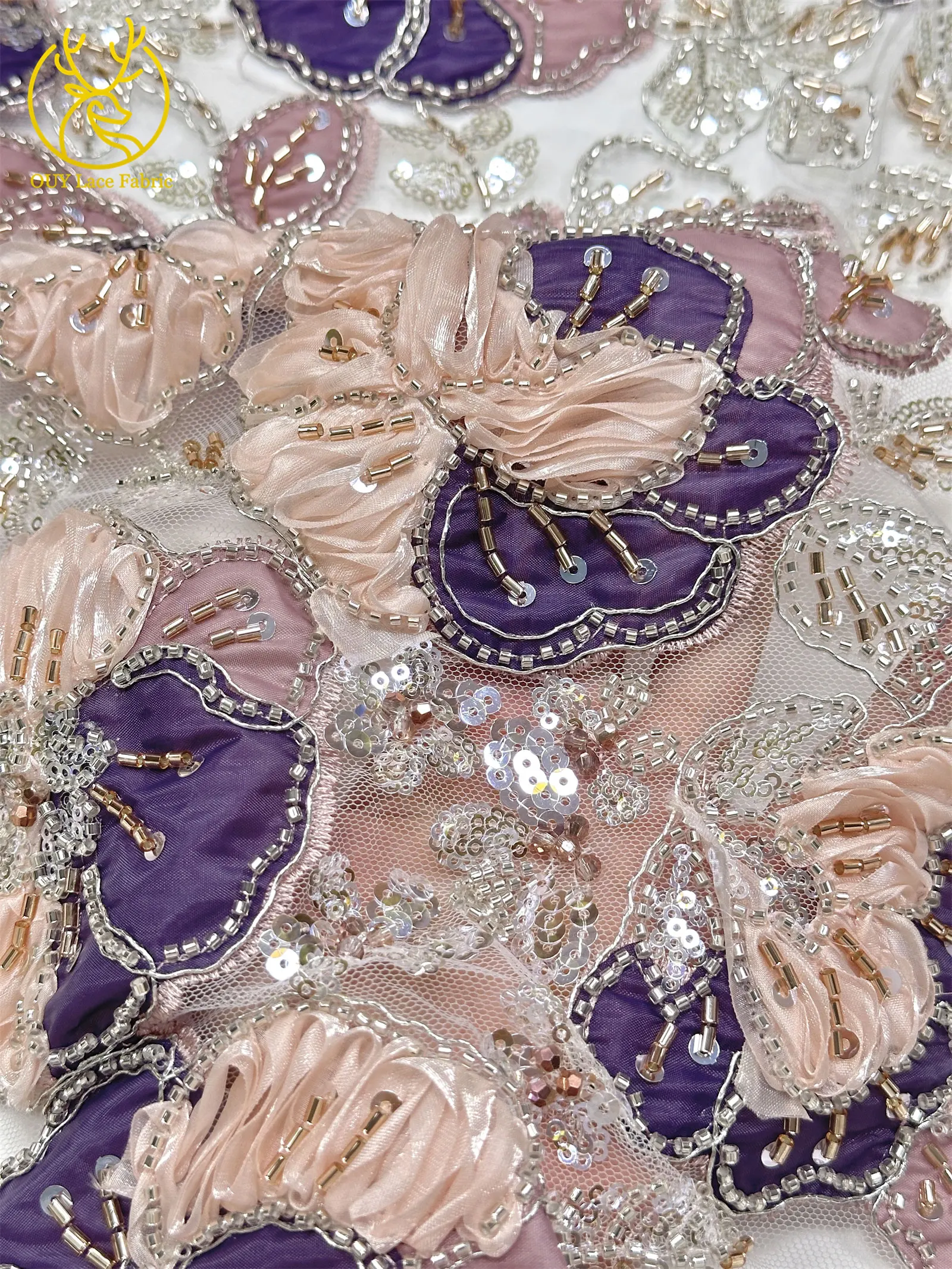 Afrikanischer Spitzenstoff, hochwertige französische Blumenstickerei, Perlen, Pailletten, Tüll, Netzspitze für Frauen, Hochzeitskleid, Nähen, 5 Yards – Detail 8