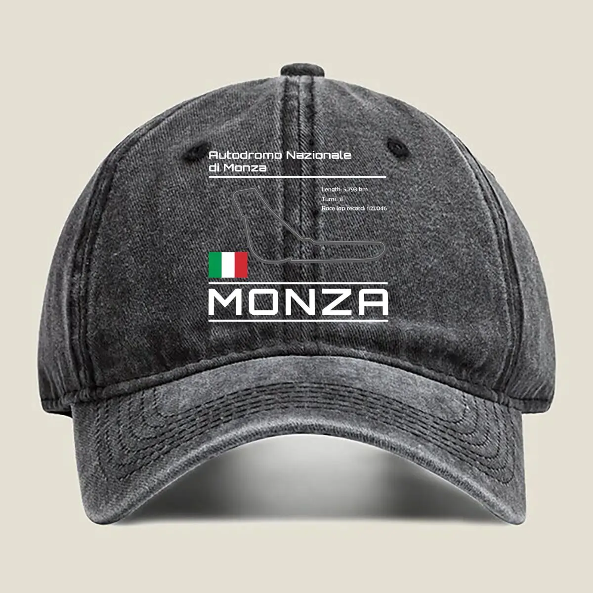 

Monza - Bold, Text, Black, Racing - Themed Design Washed Baseball Cap