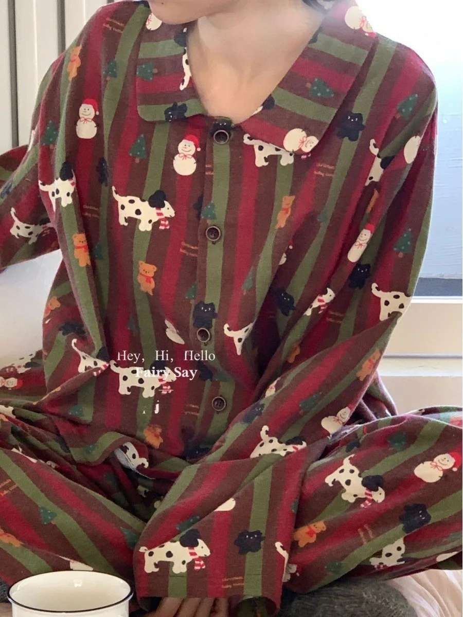 

Хлопковый фланелевый пижамный комплект с рождественским принтом и снеговиком, свободный крой, на пуговицах, домашняя одежда для мужчин, женщин и пар, осенне-зимняя пижама