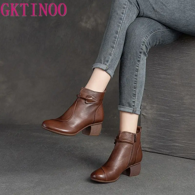 GKTINOO Women Shoes Platform Boots 2024 New Spring/Autumn Genuine Leather Zip Round Toe Sewing Handmade Ankle Lady Boots