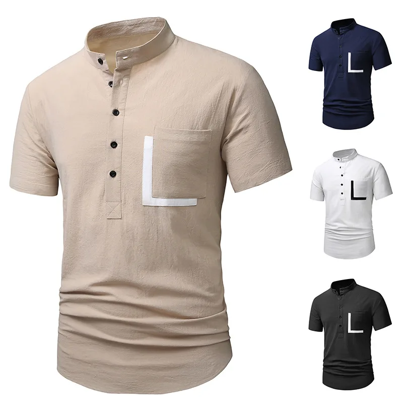 

Summer New Men's Short Sleeved Shirt, Cotton and Linen Henry Collar Pocket, Color Blocking Shirt