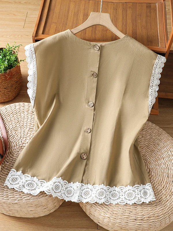 Korean Style Artistic Lace Trim Splice Shoulder Sleeve Shirt Women Summer New Loose Slim Back Button Top Breathable Comfortable