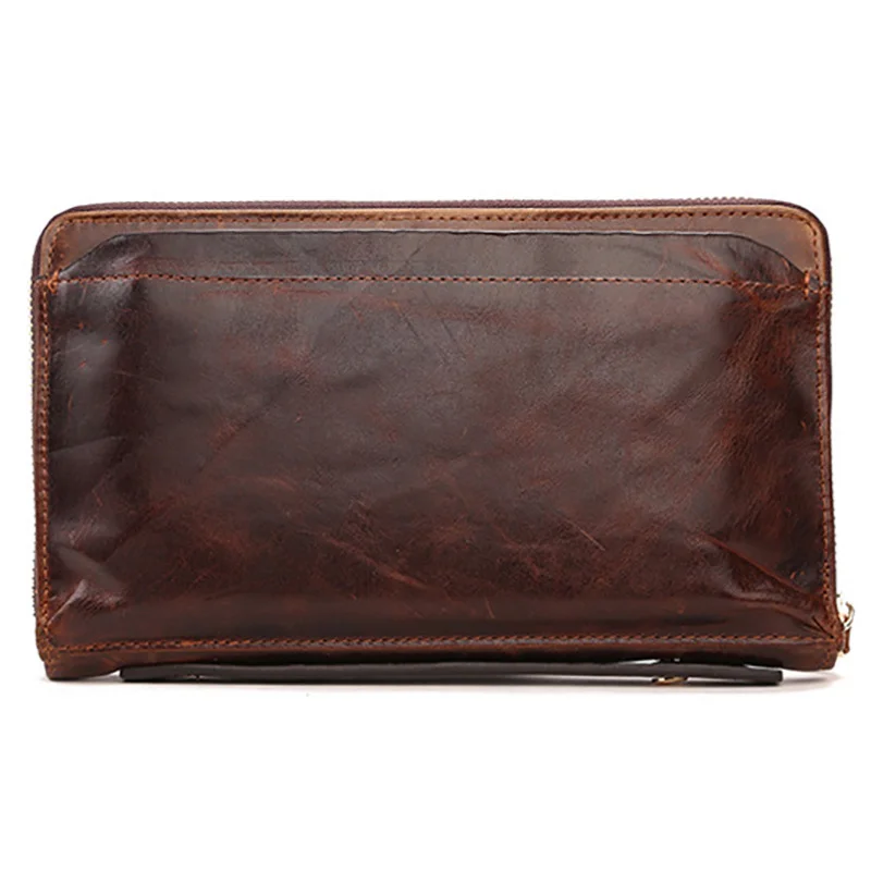 Genuine Leather Men Purse Vintage Designer Oil Wax Cowhide Clutch Money Bag Coin Pocket ID/Credit Card Male Luxury Long Wallet