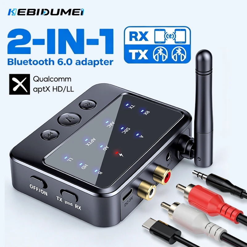 KEBIDUMEI Bluetooth 6.0 Empfänger Sender AptX-Adaptive AD/HD/LL AAC 3,5 mm AUX RCA-Buchse Drahtloser Audio-Adapter für PC TV