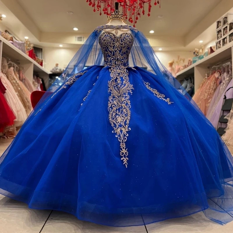 

Blue Ball Gown Quinceanera Dresses with Cloak Cape Cathedral Train Applique Lace Tull Floral Corset vestidos de xv 15 años