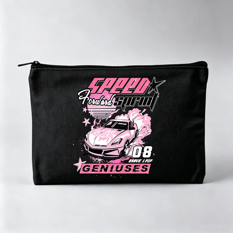 Women's Racing Car Graphic Makeup Bag with Typography Print, Retro Style Cosmetic Pouch for Daily Use