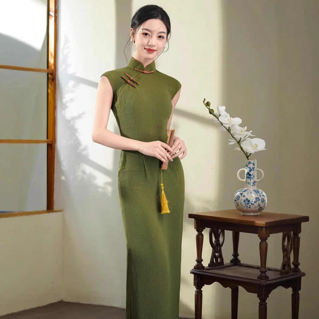 

Yourqipao летнее длинное Cheongsam без рукавов в вертикальную полоску, дышащее удобное зеленое литературное Ципао в китайском стиле для женщин