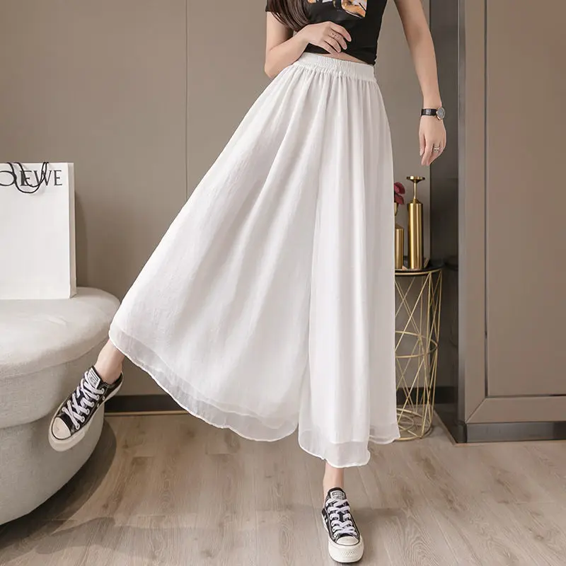 Casual Pants Women Elegant Elastic Waist Loose Chiffon Lightweight Summer Wide Leg Trouser Streetwear High Quality Female New