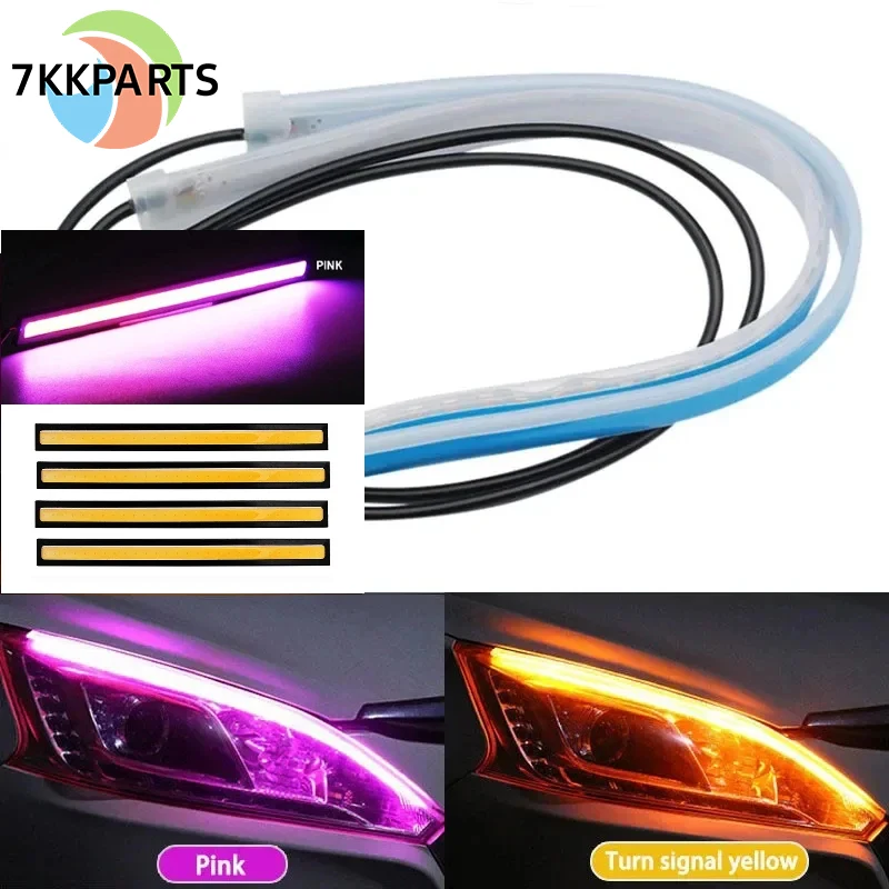 2PCS Universal Auto Headlights Car Daytime Running Light Flexible Waterproof LED Strip Pink Turn Signal Yellow Brake Flow Lights