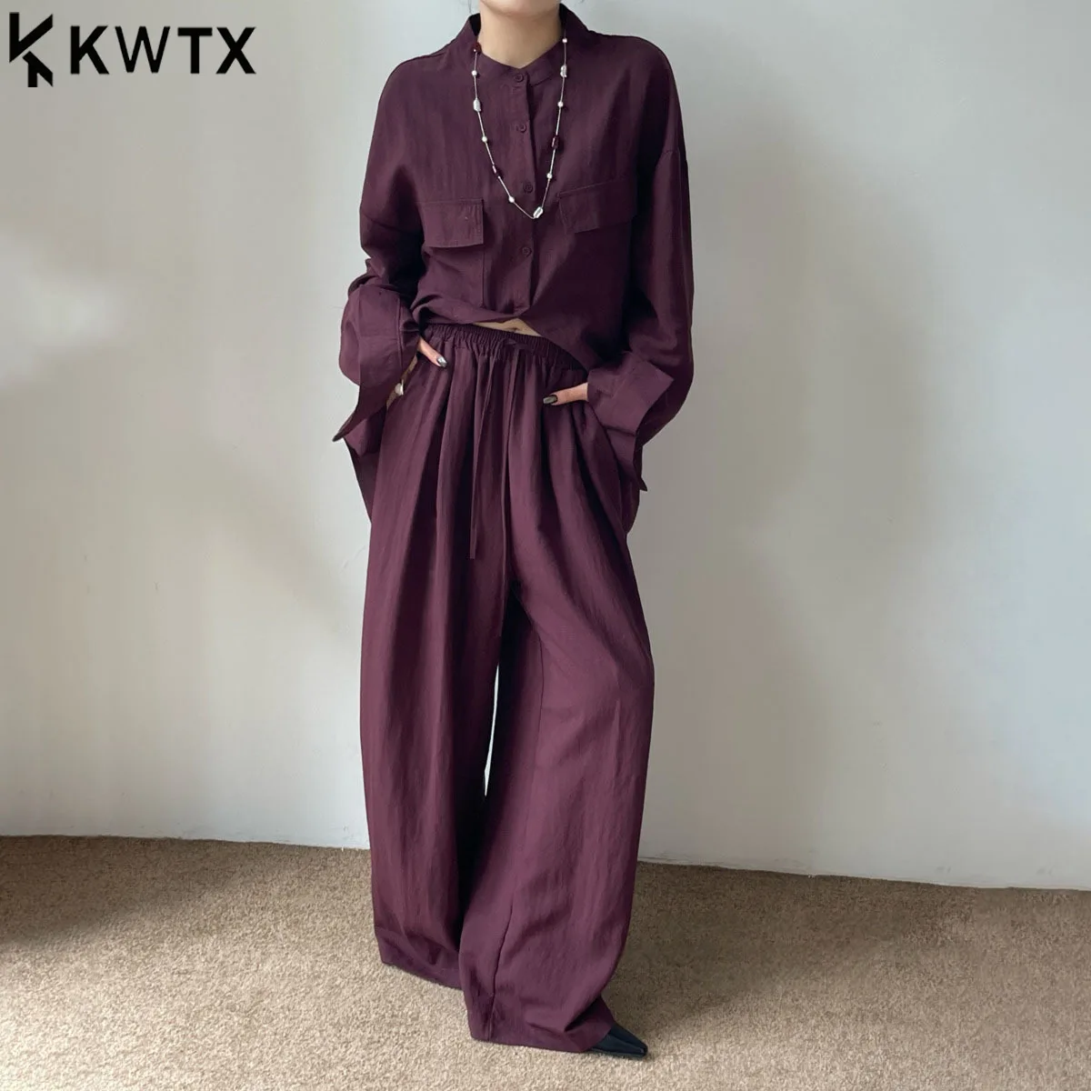 

KWTX весна-лето женский повседневный комплект из 2 предметов рубашка с круглым вырезом топ широкие брюки на шнурке удобные шикарные роскошные утягивающие брюки