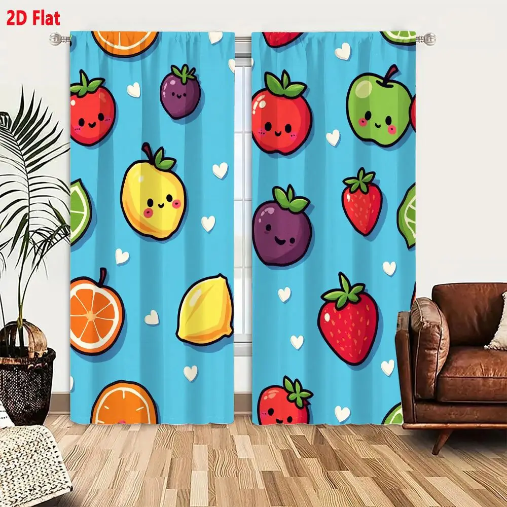 2Pcs Curtains 2D Flat Cheerful Cute Seamless Pattern With Anthropomorphic Fruits And White Hearts On Light Blue Background Windo