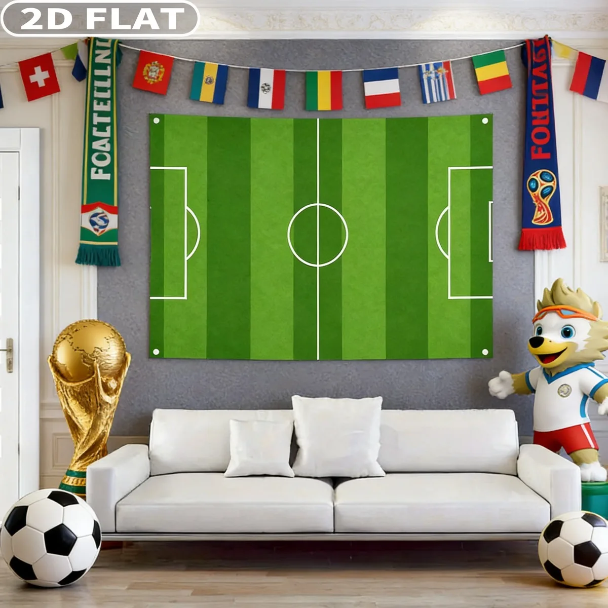 2D FLAT 1pc Vibrant Soccer Field Polyester Banner- Multiple Sizes Realistic Green Pitch with White Goalposts & Center Circle