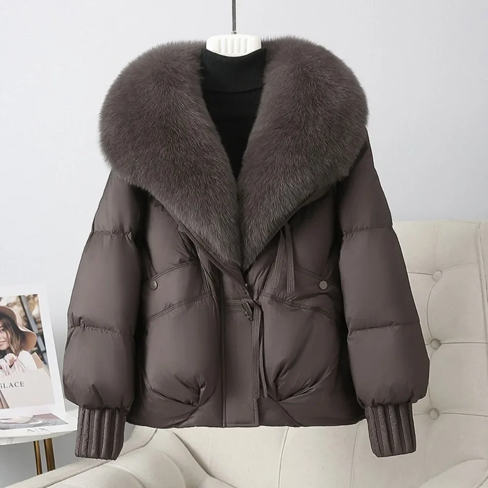 Nova fahsion grosso quente pele natural puffer jaqueta feminina grande gola de pele de raposa real pato para baixo casaco roupas de inverno feminino