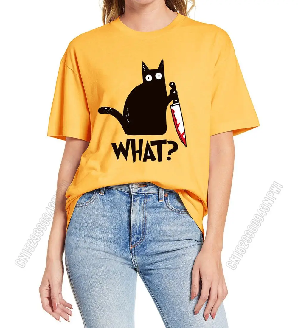 Cat What T Shirt Murderous Cat With Knife Funny Halloween Gift Cotton High Quality Men\'s Oversized Novelty T-Shirt Women Tee