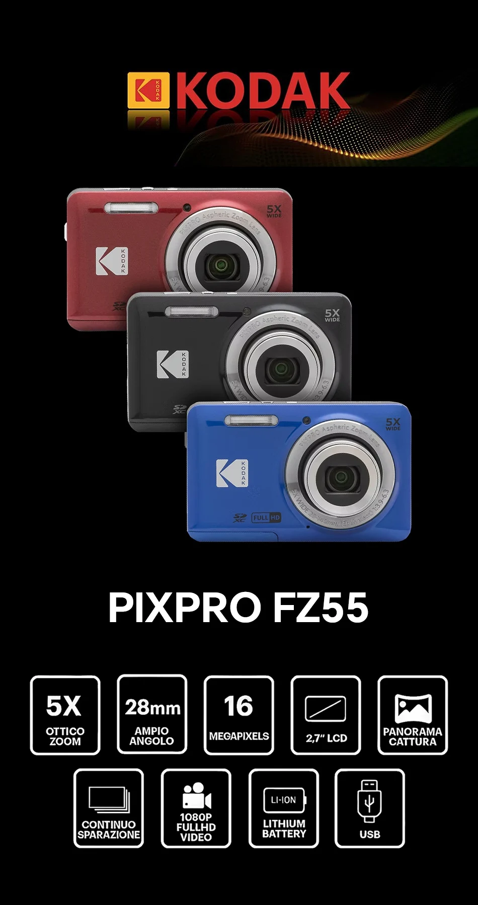 KODAK PIXPRO FZ55 16MP Digital Camera 5X Optical Zoom 28mm Wide Angle 1080P Full HD Video 2.7" LCD Vlogging Camera