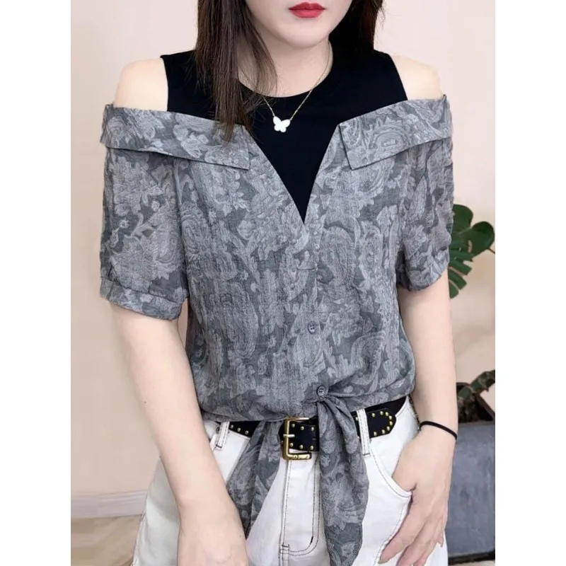 

Ladies Fashion Patchwork Off Shoulder Sense of Design New Style Summer Loose trend Fake Two Pieces Pullover Tops Short Sleeve