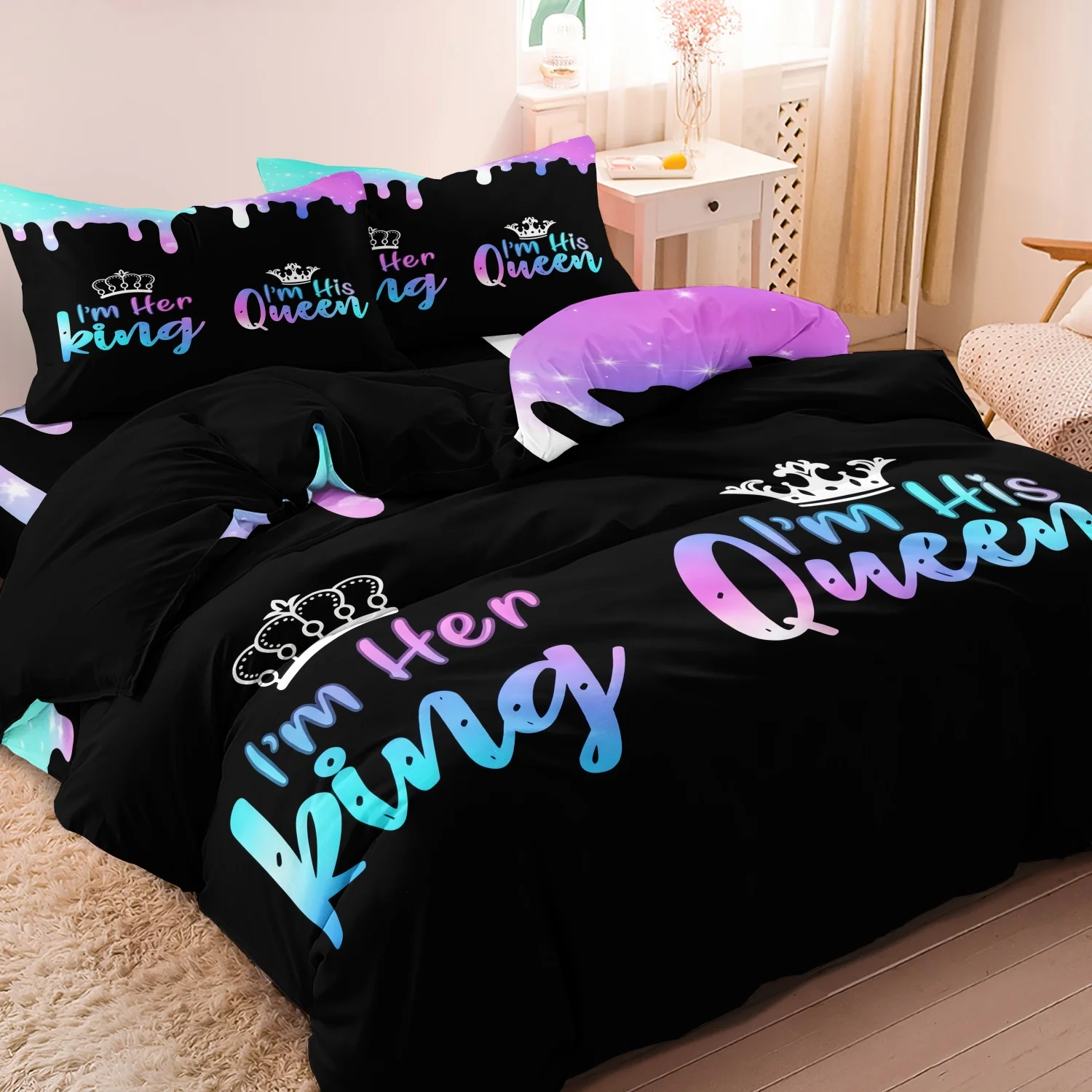 

3pcs Valentine'S Day Romantic couple Crown Letter Duvet Cover Set (1 Duvet Cover + 2 Pillowcases, No Core) for Home And Dorm Use
