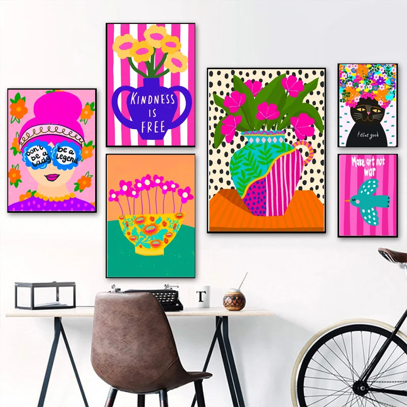 

Boho Black Cat Girl Power Vintage Wall Art Canvas Painting Flower Vase Design for Bedroom Decor Bohemian Style Poster Print