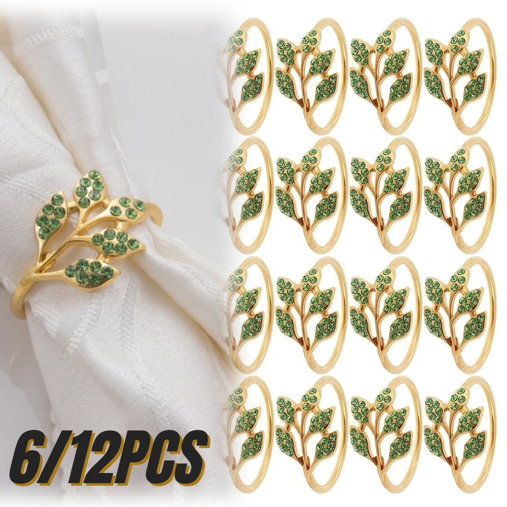 

6/12PCS Green Dot Diamond Napkin Ring Green Leaf Napkin Buckle High End Metal Ring Christmas Tableware Decoration